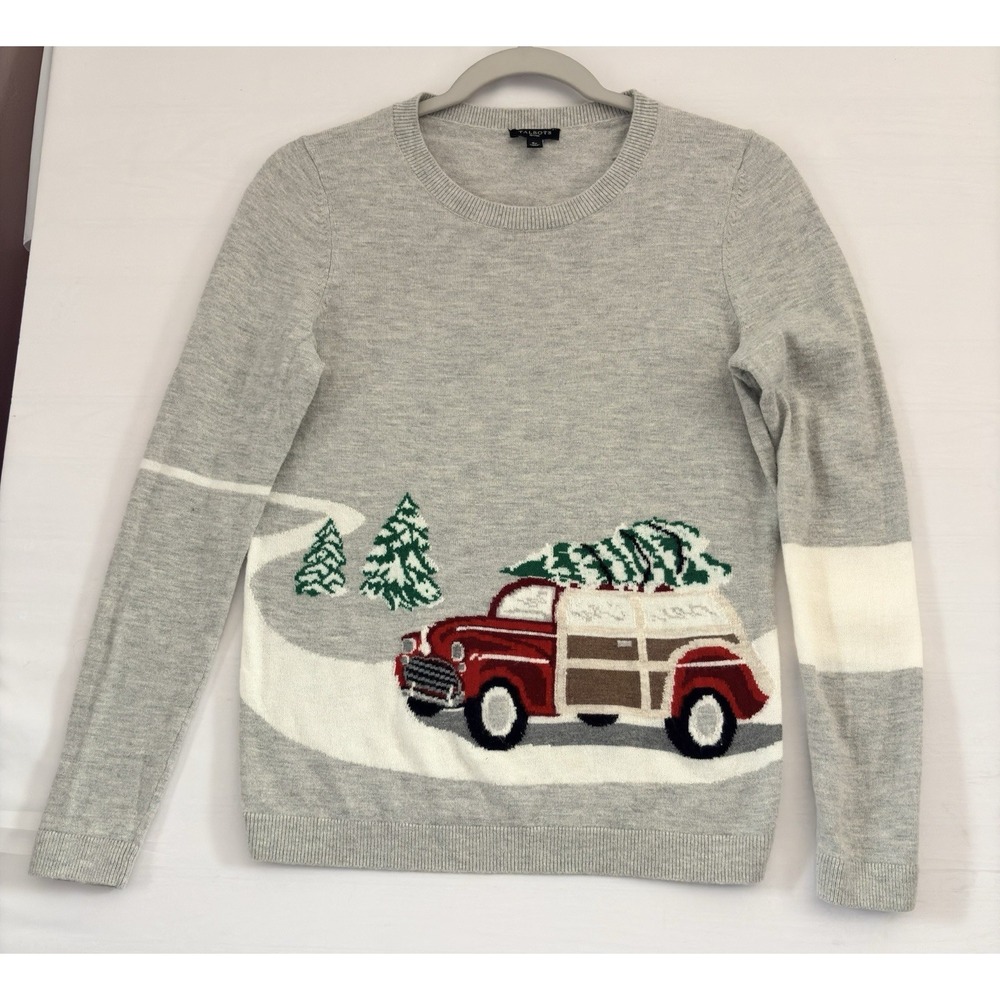 Talbots Petites‎ Gray Christmas Tree Red Car Woody Wagon Sweater SP